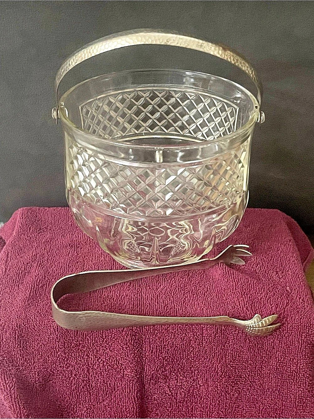Clear & Silver Cut Glass Ice Bucket with Tongs